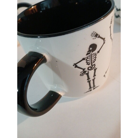 3 Halloween Skelton Mug/ Dancing Skeltons, Spiders,& Bats, Black White 16 Oz New - Picture 9 of 16